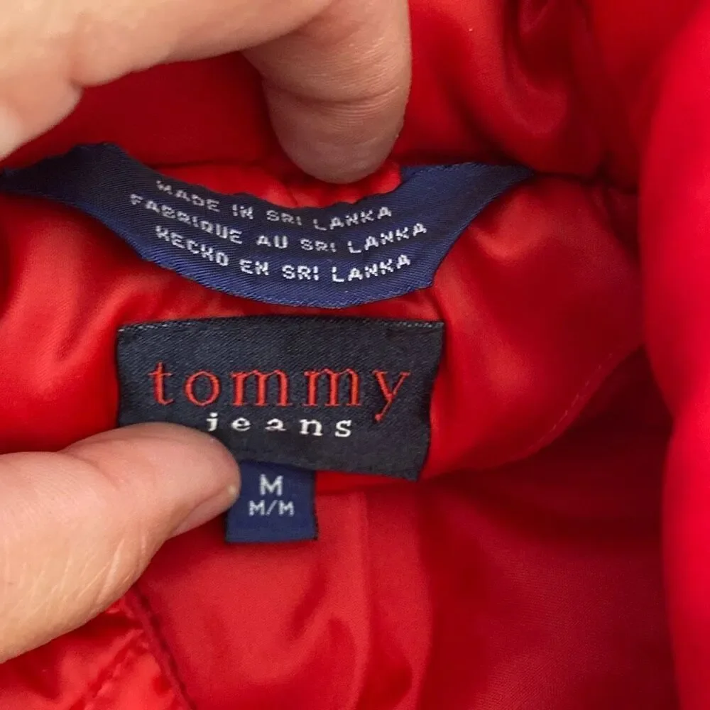 Vintage Tommy Jeans Women's Red Satin Collared Full Zip Puffer‎ Vest Medium
